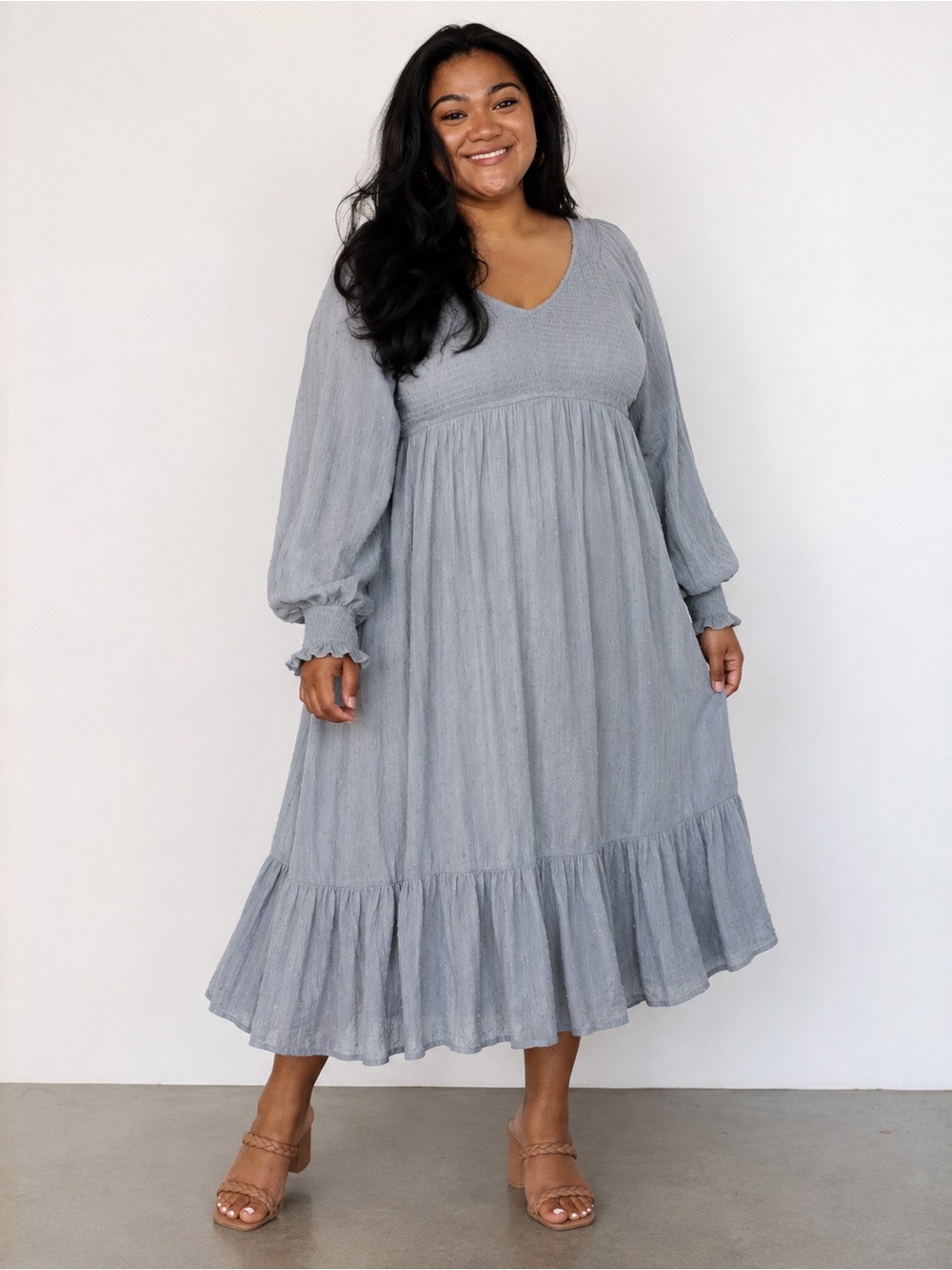 Baltic Born Flowy Long Sleeve Midi Dress Light Grey- Lainey Dotted Smocked Dress